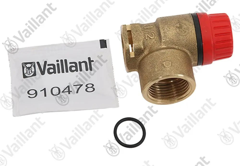 Vaillant Sicherheitsventil aus Messing mit einem roten Griff und O-Ring, daneben eine Verpackung mit Artikelnummer.
